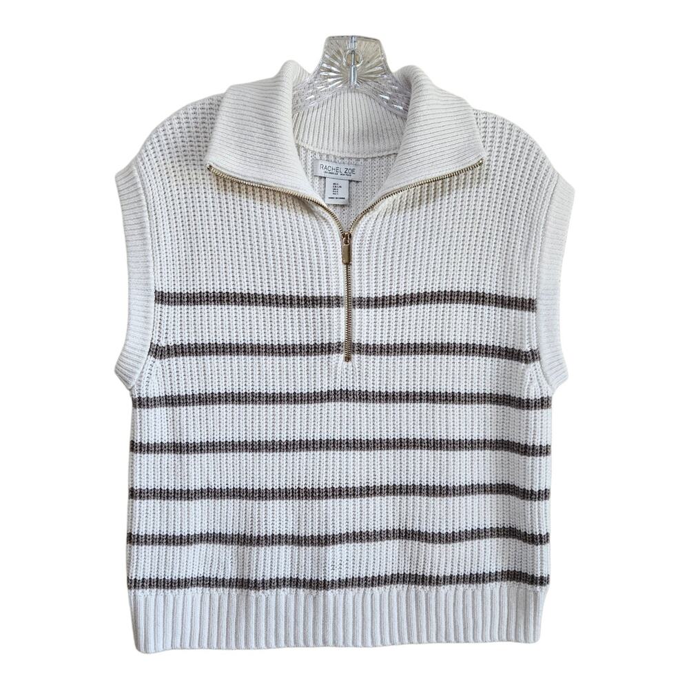 RACHEL ZOE Women's L Sweater Vest 1/4 Zip Ivory Taupe Striped Gold Hardware 38"